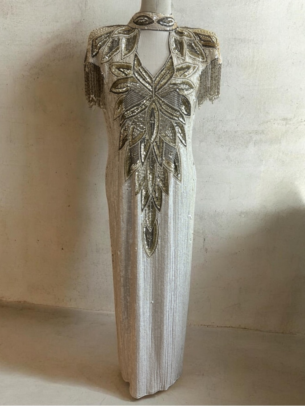 VTG Ultra Beaded Fringe Maxi Gown Silver Art Deco Evening Dress Large ***FLAWS”